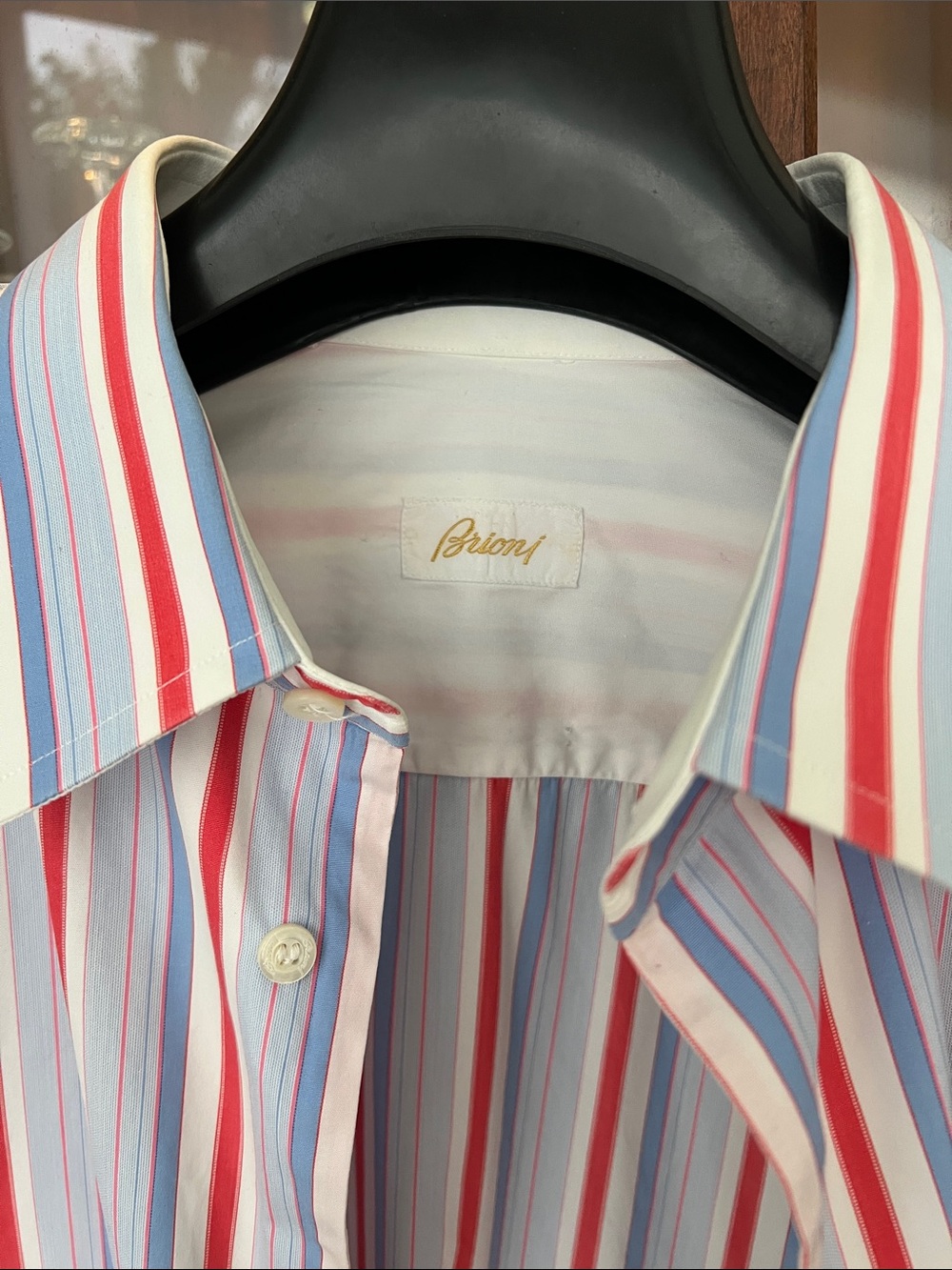 Brioni Red, Blue & White Striped Cotton Dress Shirt